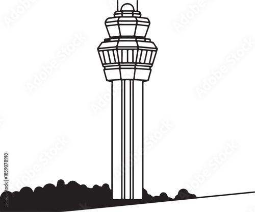 Black and White Outline Icon of Air Traffic Control Tower and Plane.
