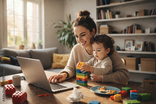 Mother Working on Laptop While Toddler Plays on Her Lap at Home