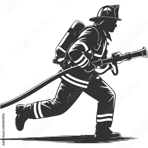 Firefighter running with a fire hose and oxygen tank, wearing a protective helmet and uniform, in a detailed black and white vector illustration.