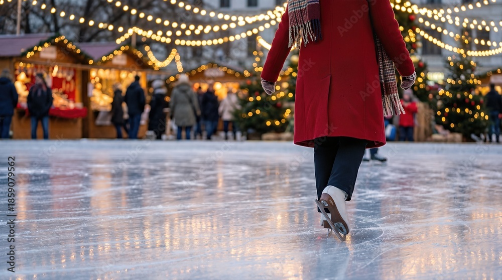 Obraz premium Rear view of a person in a red coat skating on an outdoor ice rink with reflections of festive lights and blurred Christmas market stalls and people in the background