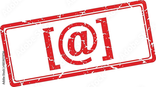 A distressed red rectangular stamp prominently displays the at symbol within its borders isolated on a white background
