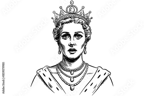 A detailed black and white engraved illustration of a royal queen wearing a crown and jewelry, classic vintage portrait art.