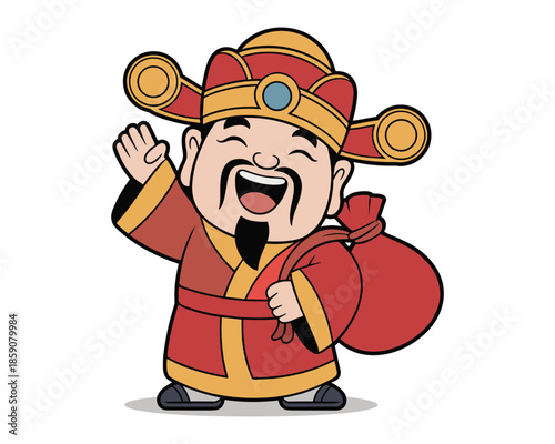 Joyful Asian Man Waving Holding Red Money Bag