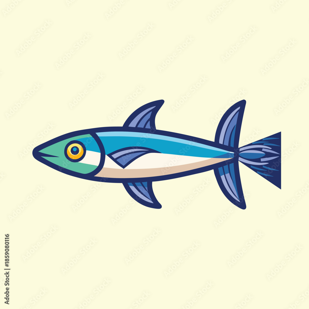 Fototapeta premium Cartoon illustration of a bright blue fish swimming in the ocean