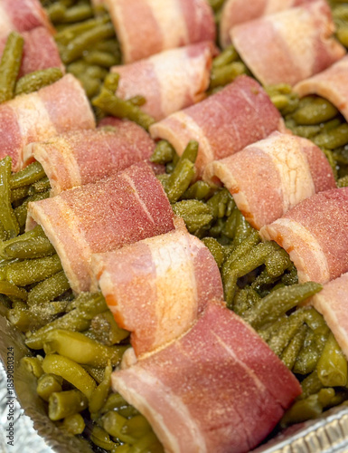 Raw Fresh Green Bean Bundles Wrapped in Bacon Ready to be Cooked