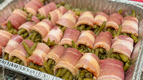 Raw Fresh Green Bean Bundles Wrapped in Bacon Ready to be Cooked
