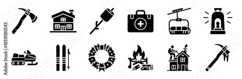 Black glyph icon set for winter features a cabin, ski lift, snowmobile, campfire, and first aid kit for mountain vacation, holiday, and outdoor adventure themes in a simple silhouette style