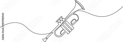 Simple continuous line drawing of a trumpet icon. Minimalist black outline vector of a musical instrument for modern artistic design.