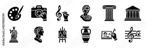 Set of black glyph icons representing arts, culture, and history including a palette, camera, statue, column, and musical notes in a minimalist vector style