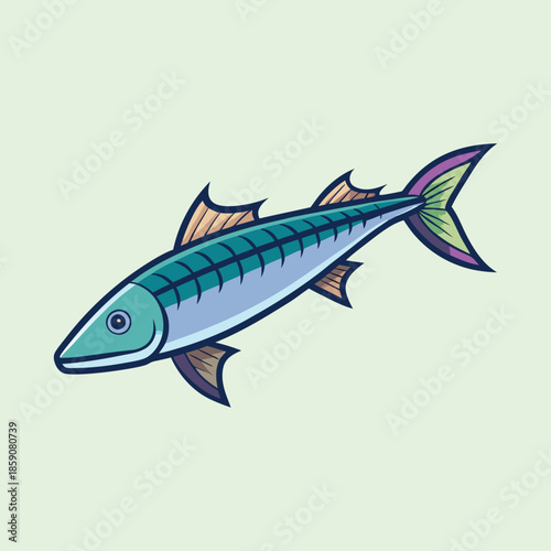 Illustration of a colorful and stylized fish against a light green backdrop