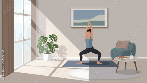 Woman Practicing Yoga Warrior Pose Indoors.