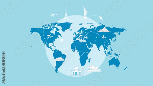 Blue World Map Illustration on Light Background.