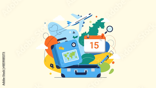 Travel Suitcase Luggage Accessories Around World Map.