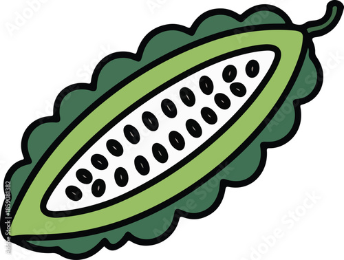 Vibrant Green Vector Graphic of a Cut-Open Fruit Pod with Black Seeds Inside for Design Projects