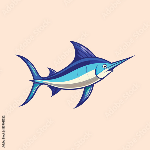 Cartoon marlin with blue stripes swimming in clear turquoise water backdrop