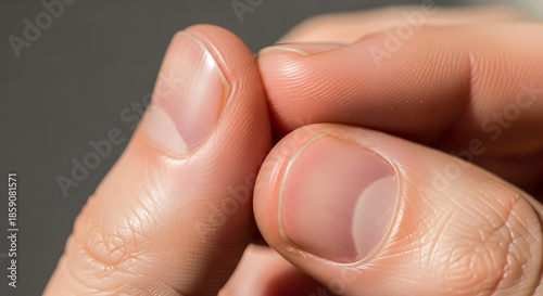 Closeup of human fingers and fingernails showing health details.