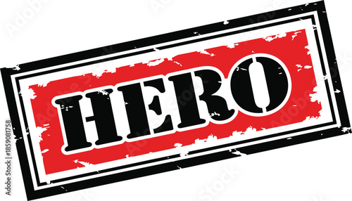 A distressed red stamp with the word hero boldly displayed in black lettering isolated on a white background