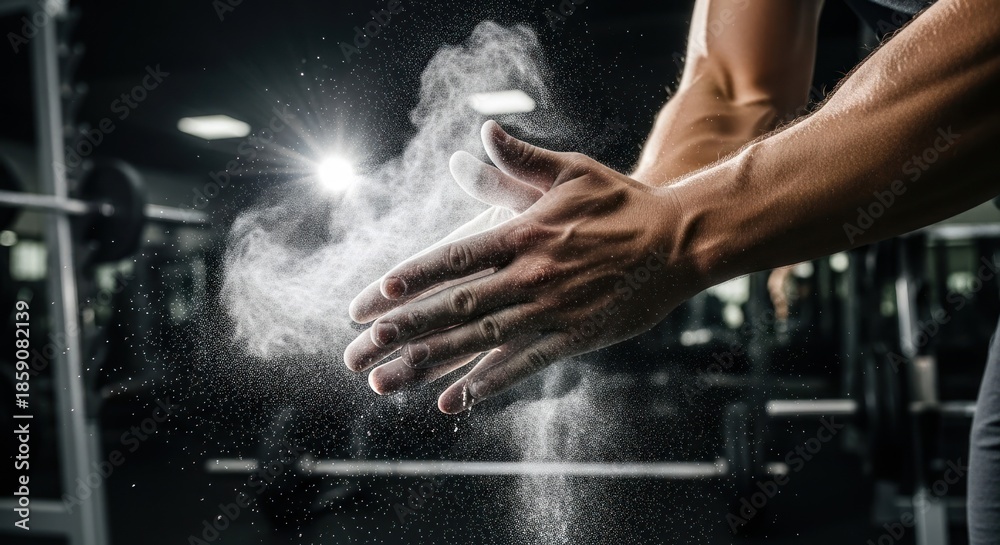 © jack - The Power of Preparation: A Gymnast Getting Ready with Chalk Dust in Dramatic Lighting