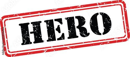 A striking red stamp with the word hero boldly displayed in large black serif lettering prominently