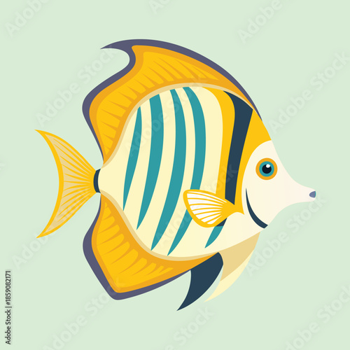 Beautiful cartoon illustration of a tropical angelfish with bright colors and stripes