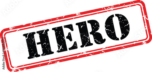A rectangular red stamp with the word hero prominently displayed in bold black distressed lettering