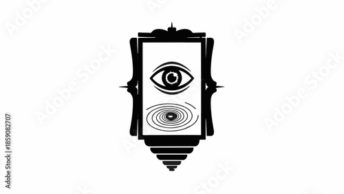 Mysterious eye gazes from within an ornate frame, reflecting swirling patterns