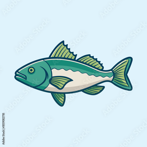 Illustration of a stylized fish with green and beige colors swimming sideways