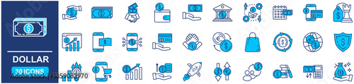 Dollar set of web icons in Blue style Flat. vector illustration concept relate to bank, signs, business, payment, symbol, finance, currency