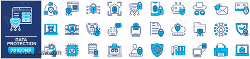 Data protection Web Icon Set in Blue style Flat. vector illustration concept relate to protect, protection, design, key, icon, phone, computer, mobile, laptop, cyberspace