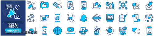 Social Media Web Icon Set in Blue style Flat. vector illustration concept relate to share, censoring, news, comment, communication, profile, app, buttons, graphic, marketing