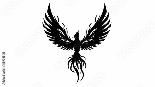 Majestic black phoenix with wings spread wide, a symbol of rebirth and power