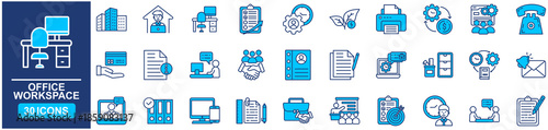 Office workspace set of web icons in Blue style Flat. vector illustration concept relate to workplace, business, table, outline, schedule, meeting