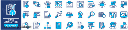 Data analytics set of web icons in Blue style Flat. vector illustration concept relate to analysis, business, chart, management, database,, computer, technology, growth 