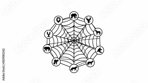 Intricate web design connecting diverse animal silhouettes, symbolizing interconnectedness and the natural world.