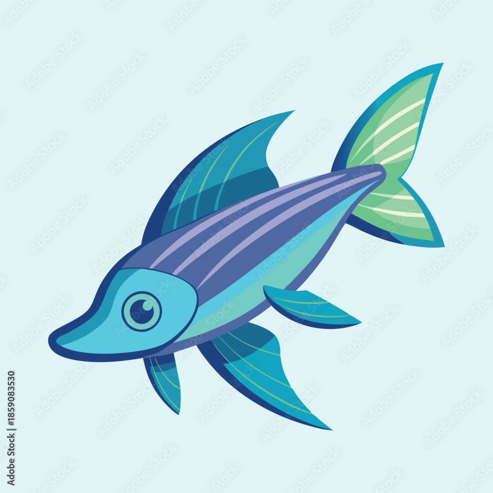 Obraz premium Stylized Cartoon Fish with Blue and Green Fins on Light Blue Background