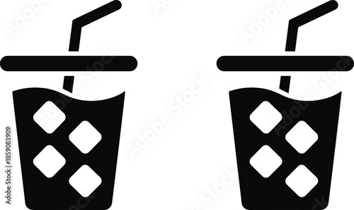 Two Black Cups with Ice Cubes and Straws
