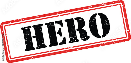 A visually striking image of a red rectangular stamp featuring the bold word hero in black ink