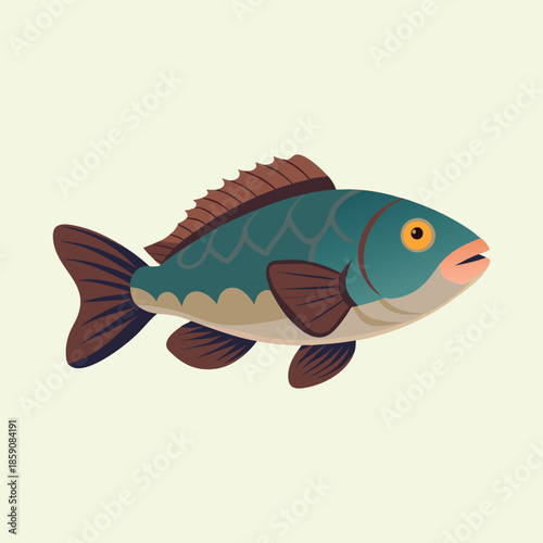 Illustration of a teal and brown freshwater fish with a yellow eye
