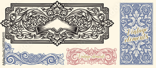 Ornate vintage frames and ribbons elements. Classic calligraphy swirls, swashes, floral motifs. Good for greeting cards, wedding invitations, royal certificates and graphic design.