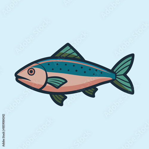 Stylized salmon illustration with green fins on a light blue background