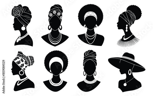 Vector Black Female Portraits Featuring Natural Afro Hairstyles And Stylish Ethnic Cultural Jewelry