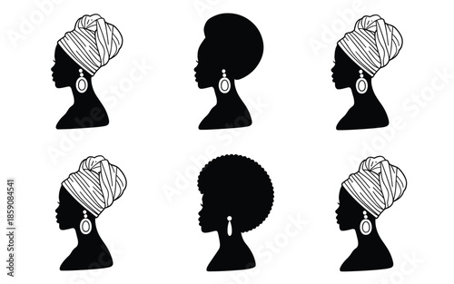 Beautiful Black Woman Silhouette Icon Set With Elegant Traditional African Head Wrap Turbans