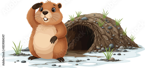 Cartoon groundhog vector standing in snow by burrow searching for its shadow for Groundhog Day seasonal weather forecast.