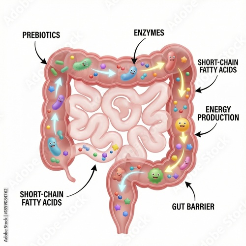 The human colon shows how prebiotics are fermented by gut microbiota into enzymes and short-chain fatty acids that support energy production and gut barrier function.