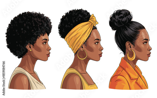 African American Female Profiles Featuring Afro Hair Yellow Headwrap And Stylish Bun