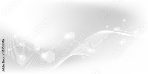 White grey background of science technology concept with connection lines, light particles and hexagon shapes. For clean digital network, modern medical science, presentation, poster, banner