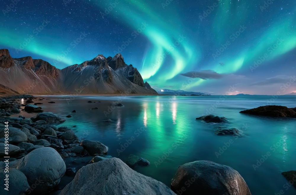 Naklejka premium vestrahorn mountain, black rocks, dark green sky with northern lights