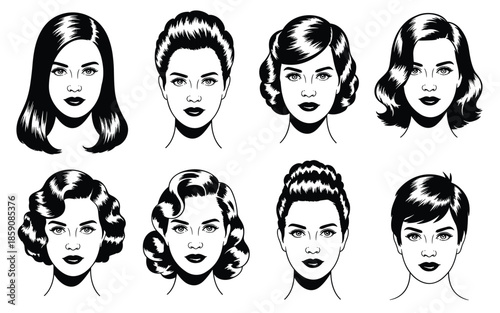 Collection Of Vintage Female Hairstyle Portraits In Black And White Vector Art