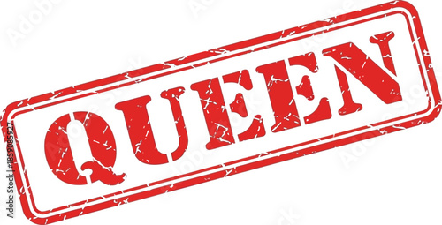 A red rubber stamp displaying the word queen in bold white capital letters isolated on a white background