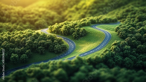 Winding Road Through Lush Green Forest Landscape at Sunrise with Soft Sunlight Illuminating Nature's Beauty
